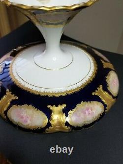 Haviland Limoges Hand Painted Roses Compote Signed A. Broussillon Cobalt Blue