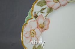 Haviland Limoges Hand Painted Wild Pink Roses Green & Gold 8 1/2 Inch Plate