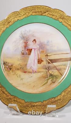 Heavy Gold Encrusted Limoges Porcelain Plate Hand Painted Apple Picking Signed