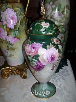 Huge Limoges Urn with Reticulated Cover Hand Painted Roses Restored