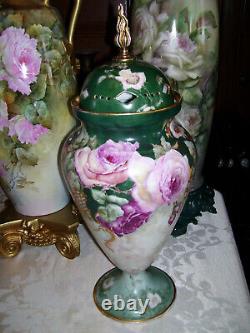 Huge Limoges Urn with Reticulated Cover Hand Painted Roses Restored