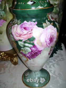 Huge Limoges Urn with Reticulated Cover Hand Painted Roses Restored