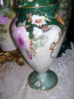 Huge Limoges Urn with Reticulated Cover Hand Painted Roses Restored