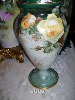 Huge Limoges Urn with Reticulated Cover Hand Painted Roses Restored