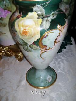 Huge Limoges Urn with Reticulated Cover Hand Painted Roses Restored