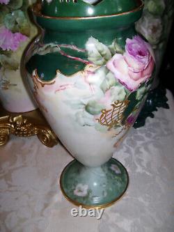 Huge Limoges Urn with Reticulated Cover Hand Painted Roses Restored