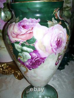 Huge Limoges Urn with Reticulated Cover Hand Painted Roses Restored