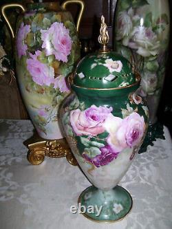 Huge Limoges Urn with Reticulated Cover Hand Painted Roses Restored