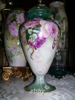 Huge Limoges Urn with Reticulated Cover Hand Painted Roses Restored