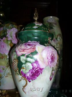 Huge Limoges Urn with Reticulated Cover Hand Painted Roses Restored