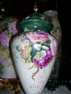 Huge Limoges Urn with Reticulated Cover Hand Painted Roses Restored