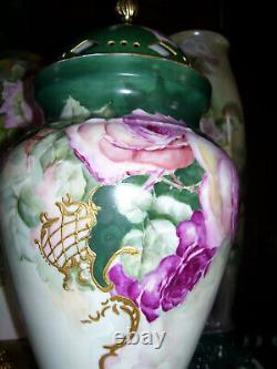 Huge Limoges Urn with Reticulated Cover Hand Painted Roses Restored