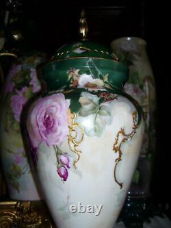 Huge Limoges Urn with Reticulated Cover Hand Painted Roses Restored