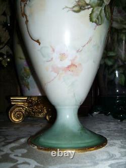 Huge Limoges Urn with Reticulated Cover Hand Painted Roses Restored