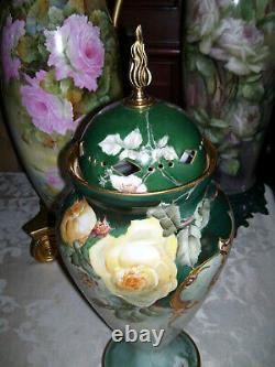 Huge Limoges Urn with Reticulated Cover Hand Painted Roses Restored