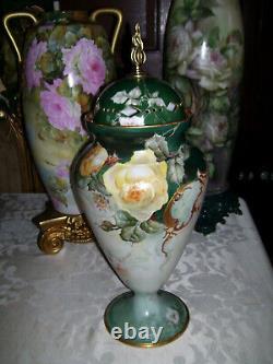 Huge Limoges Urn with Reticulated Cover Hand Painted Roses Restored