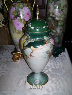 Huge Limoges Urn with Reticulated Cover Hand Painted Roses Restored