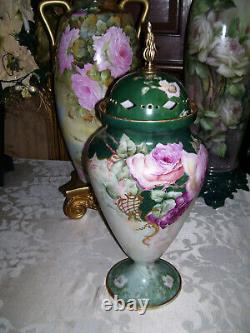 Huge Limoges Urn with Reticulated Cover Hand Painted Roses Restored