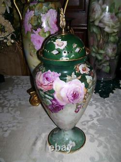 Huge Limoges Urn with Reticulated Cover Hand Painted Roses Restored