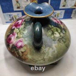 JP Limoges France Antique Hand Painted Flower Squat Ewer Vase Pitcher