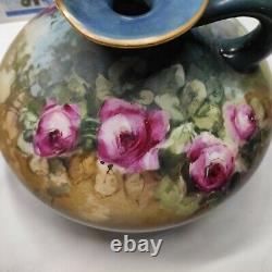 JP Limoges France Antique Hand Painted Flower Squat Ewer Vase Pitcher