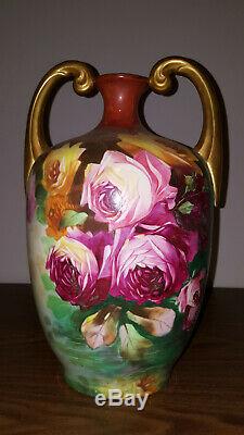 JP Limoges Handpainted Roses 13.5 Muscle Vase Gold Handles & signed