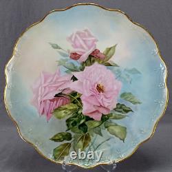 JP Limoges Signed EEG Hand Painted Large Pink Roses & Gold 13 1/8 Inch Charger