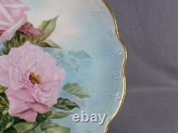 JP Limoges Signed EEG Hand Painted Large Pink Roses & Gold 13 1/8 Inch Charger