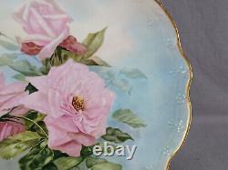 JP Limoges Signed EEG Hand Painted Large Pink Roses & Gold 13 1/8 Inch Charger