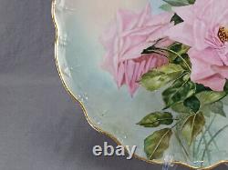 JP Limoges Signed EEG Hand Painted Large Pink Roses & Gold 13 1/8 Inch Charger