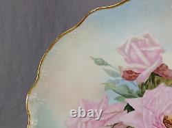 JP Limoges Signed EEG Hand Painted Large Pink Roses & Gold 13 1/8 Inch Charger