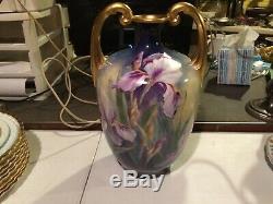 J. P. Jean Pouyat Limoges Hand Painted Large 14 Iris Vase Artist Signed