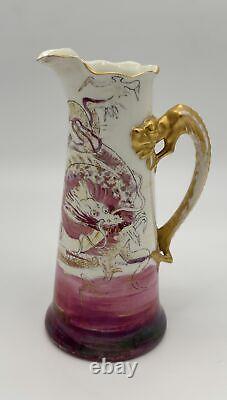 J. P. L. Limoges France Hand-Painted Porcelain Tankard with Dragon Handle & Design