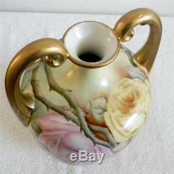 J P L Limoges lrg muscle vase hand painted roses gold handles