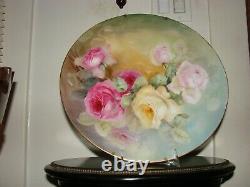 J. P. Limoges France handpainted 13 1/2 pink and yellow roses charger