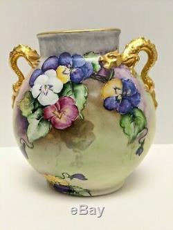 Jpl Jean Pouyat Limoges Hand Painted Dragon Handle Vase Two Sided Roses Pansies