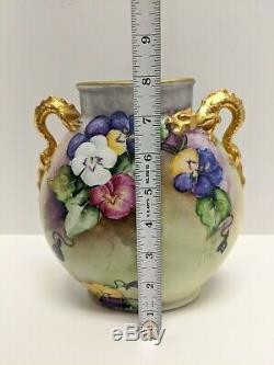 Jpl Jean Pouyat Limoges Hand Painted Dragon Handle Vase Two Sided Roses Pansies
