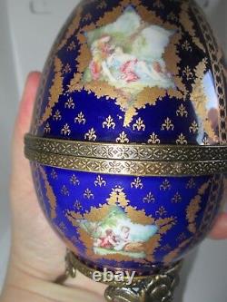 LARGE Baroque Style LIMOGES FRANCE Footed Porcelain EggCobalt Blue & Gold