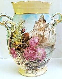 LARGE Pair 13 Antique Hand Painted Bawo Dotter Limoges Scenic Garniture Vases