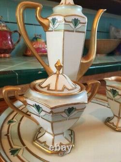 LIMOGES ART DECO HAND-PAINTED COFFEE/CHOCOLATE SET with TRAY 1925 dated, signed