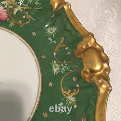 LIMOGES B&H France 12 Floral Green Gold Encrusted Rim Cabinet Plate