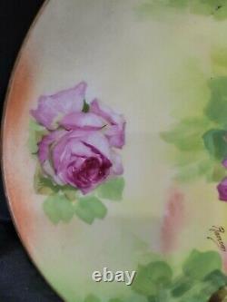 LIMOGES CORONET HAND PAINTED Pink Orange ROSES PLATE CHARGER RANCON 1908-1914