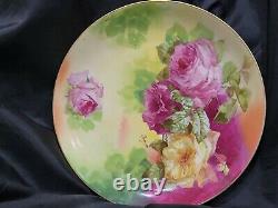 LIMOGES CORONET HAND PAINTED Pink Orange ROSES PLATE CHARGER RANCON 1908-1914
