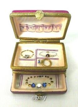LIMOGES FRANCE TRINKET BOX PEINT MAIN DBL-HINGED BIJOUX CHEST WithJEWELLERY RTD