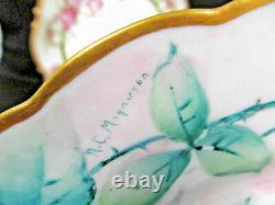 LIMOGES FRANCE porcelain hand painted plate pink roses daisy artist signed