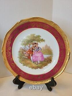 LIMOGES Fragonard Plates HAND PAINTED Gold Trim Red French Courting Couple