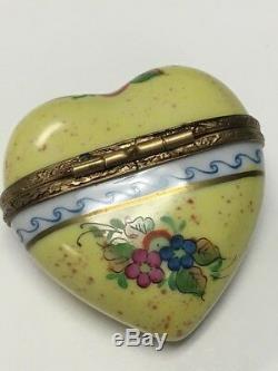 LIMOGES Hand Painted in France Rochard Yellow Heart Trinket Box Butterfly Flower