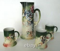 LIMOGES JEAN POUYAT HAND PAINTED PORCELAIN TANKARD PITCHER & MUGS, Signed