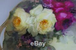 LIMOGES RARE ROSES Hand Painted Listed Artist BURDOIN Antique c. 1902 Cake Plate