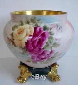 LIMOGES ROSES Artist Signed JARDINIERE Hand Painted Antique GOLD PAW FOOT PLINTH